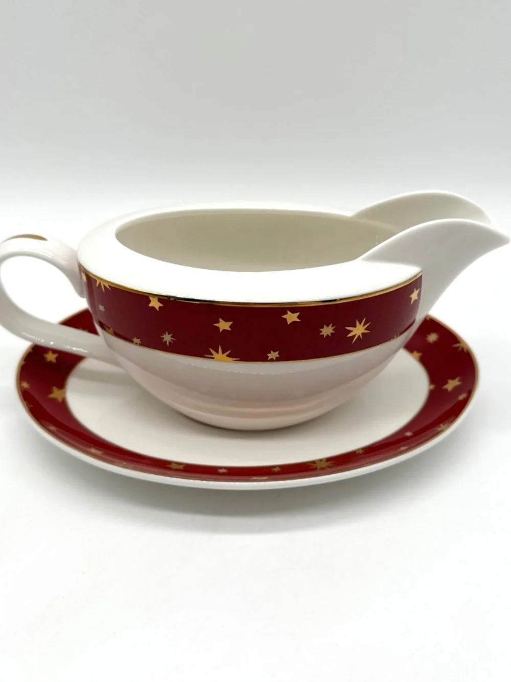 Galaxy by Sakura Red Porcelain Gravy Boat & Underplate 14k Gold Star Accents